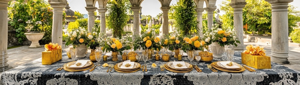 Elegant outdoor dining setup with floral arrangements and golden accents. Elegant outdoor dining setup with floral arrangements and golden accents.