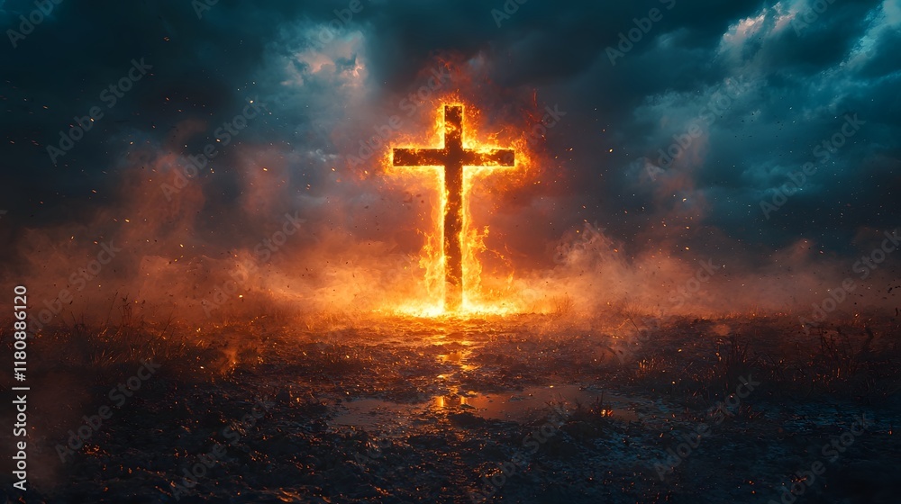 Fiery Christian Cross Ablaze on Stormy Barren Landscape Fiery Christian Cross Ablaze on Stormy Barren Landscape