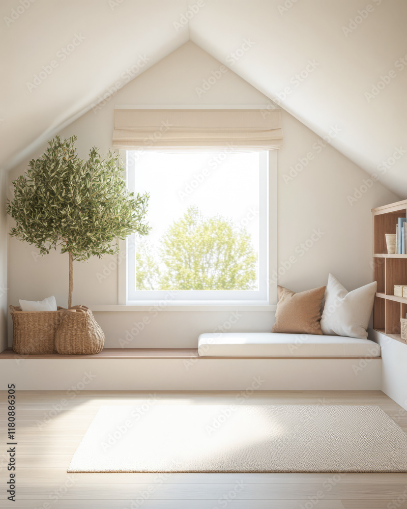 Bright and airy attic space with natural light and greenery for a serene atmosphere Bright and airy attic space with natural light and greenery for a serene atmosphere