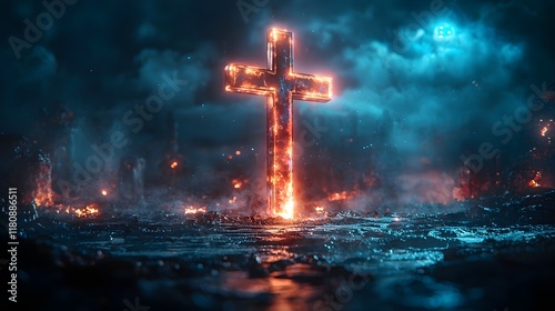 Glowing Metallic Cross Levitating in Dark Futuristic Sci Fi Setting with Energy Lines photo