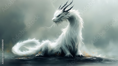 Majestic white dragon with long flowing mane and horns, sitting on a rock in a misty environment. photo