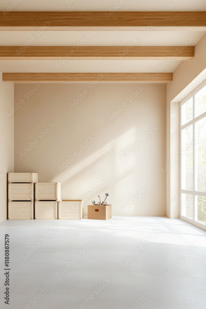 Minimalist interior design with light streaming through a large window