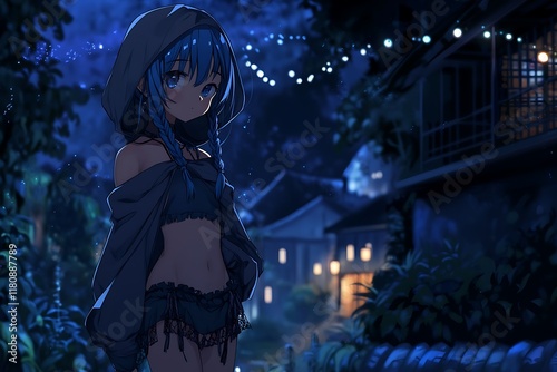 Hooded Girl Amidst Dark Night Lit Houses Under String Lights photo