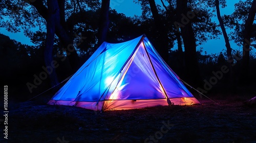 Illuminated Tent Scene Night Camping Adventure Under Dark Sky With Trees Around photo