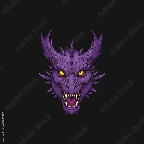 The image showcases a detailed illustration of a purple dragons head with sharp teeth and horns against a black background.