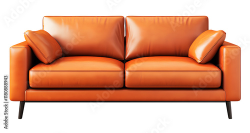 Sofa, leather sofa, orange in color, front view, transparent background PNG file photo