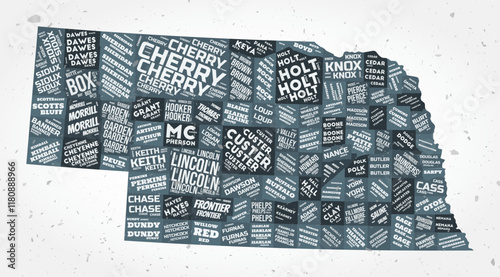 Nebraska counties word clouds. State shape on textured background. Nebraska design in typographic style. Artistic vector illustration.