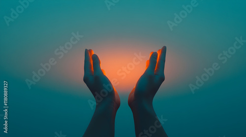 Illuminating hopeful hands serene sunset emotion-focused image tranquil atmosphere upward perspective reflection of light photo