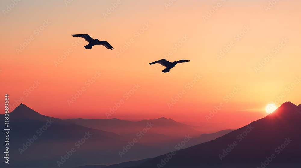 Fototapeta premium Birds soaring at sunset over mountain landscape nature photography scenic view serene environment tranquil concept