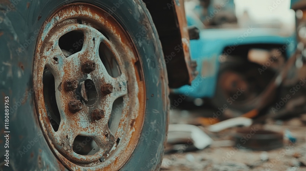 Close-up of a rusty wheel in an industrial setting, highlighting decay and neglect. Close-up of a rusty wheel in an industrial setting, highlighting decay and neglect.