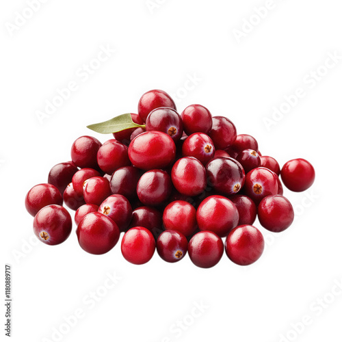 a vibrant pile of fresh. red cranberries with a single green leaf. showcasing their glossy texture and rich color against a clean. white background the natural beauty of the fruit. often associated wi photo