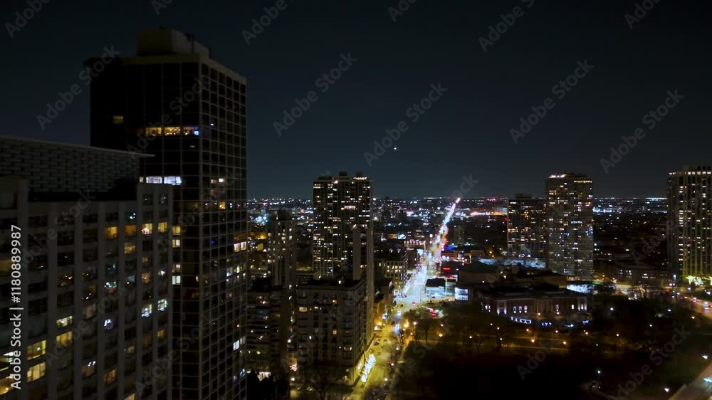 Drone following the east north boulevard street, night in old town, Chicago Drone following the east north boulevard street, night in old town, Chicago