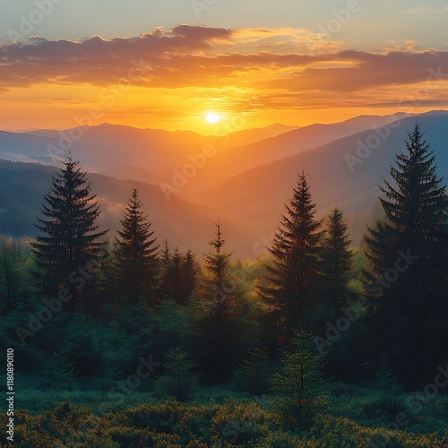 Majestic Mountain Sunset over Evergreen Forest with Warm Orange Light Hues in Cloudy Sky Scene