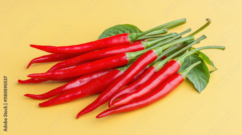 Fresh Red Chillies Laid Flat on a Bright Yellow Surface Creating a Vibrant and Colorful Chaos in Food Art and Culinary Presentation Fresh Red Chillies Laid Flat on a Bright Yellow Surface Creating a Vibrant and Colorful Chaos in Food Art and Culinary Presentation