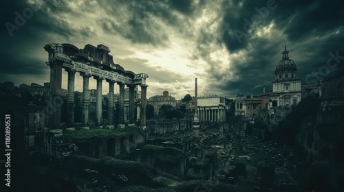 The Roman Forum at twilight, ancient ruins glowing in the soft evening light, dramatic clouds in the background 