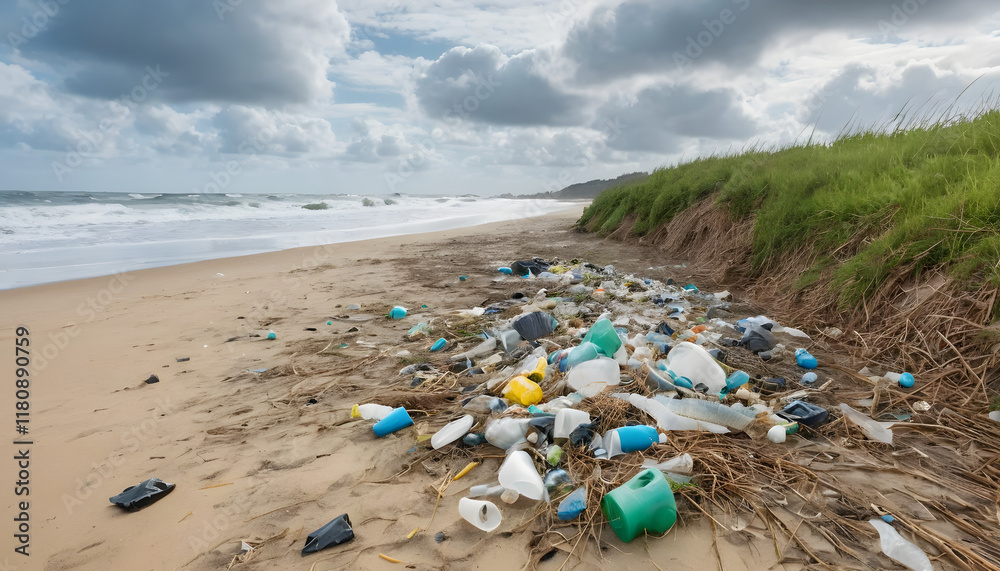 Littered beach with plastic waste and garbage washed ashore under a cloudy sky
Littered beach with plastic waste and garbage washed ashore under a cloudy sky