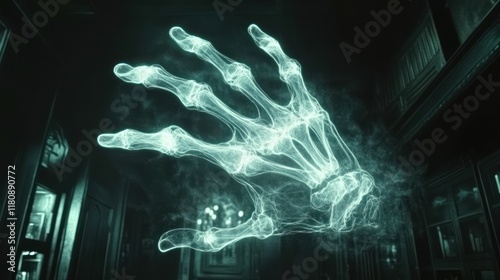 Glowing skeletal hand, dark mansion interior, spectral presence photo