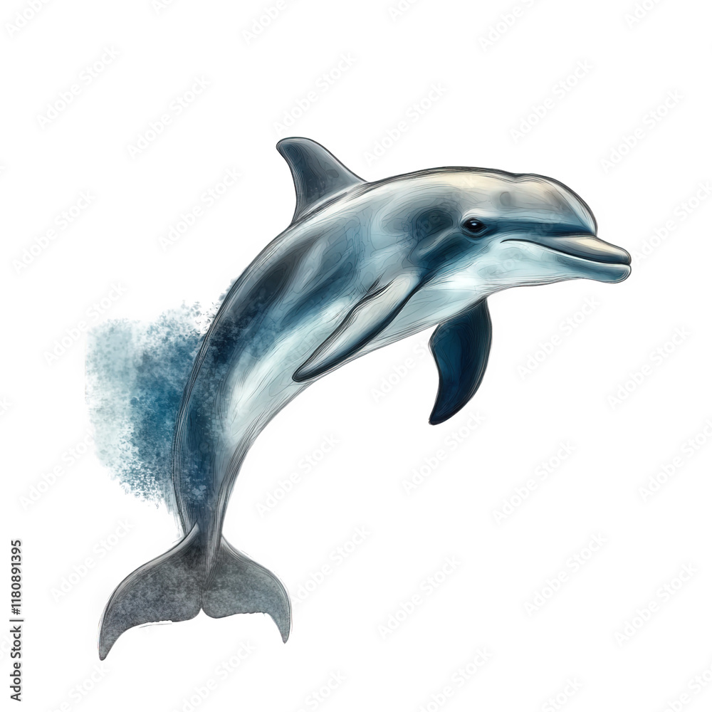 Obraz premium stylized depiction of a dolphin leaping out of the water. showcasing its sleek body and playful nature the background includes a splash of water. emphasizing the dolphin's dynamic movement and grace i