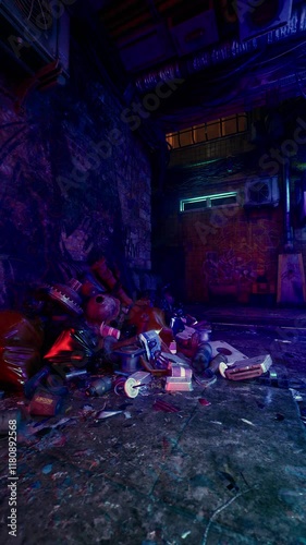 A room filled with a chaotic assortment of trash scattered all over the floor.