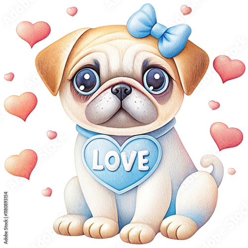 Cute Pug Puppy Valentine's Day Love - Adorable pug puppy wearing a heart-shaped 