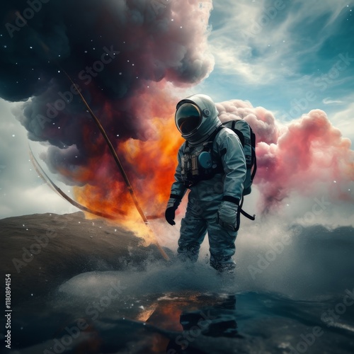 Spacewalker Standing In Water Before Fiery Cloud Formation On A Rugged Alien Terrain photo