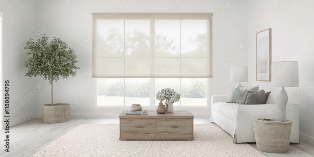 Fototapeta premium Cozy living room with natural light and minimalist decor in calm tones
