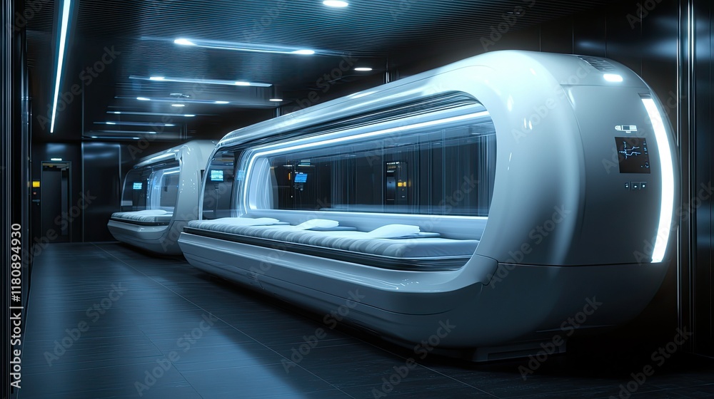 Futuristic Sleep Pods in a Modern Space Corridor Futuristic Sleep Pods in a Modern Space Corridor