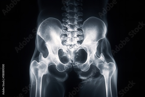 The image shows a clear x-ray of human hip joints and spine. The skeletal structure highlights the pelvic area and lower vertebrae in black and white