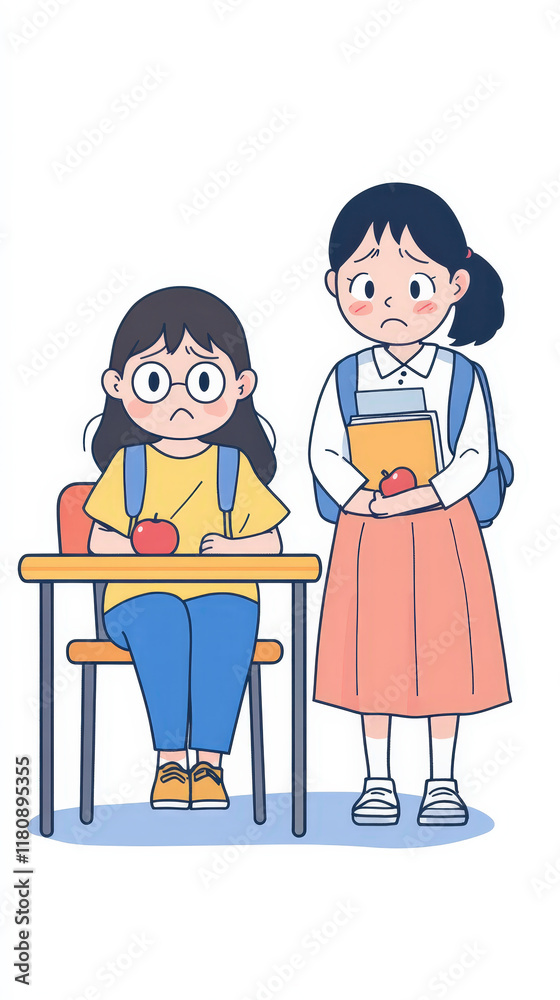 A Student Crying While Studying in English Class with a Classmate Offering Support in a Classroom Setting A Student Crying While Studying in English Class with a Classmate Offering Support in a Classroom Setting