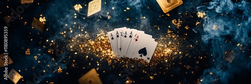 Playing Cards Displayed With Gold Particles On Dark Background And Floating Card Element
