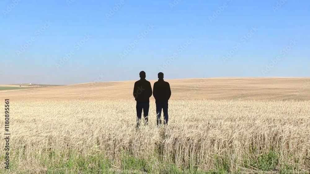 Two Figures Standing in a Field Under a Clear Sky with Golden Wheat and Distant Hills Two Figures Standing in a Field Under a Clear Sky with Golden Wheat and Distant Hills