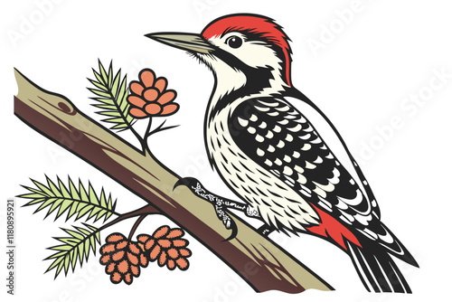 Detailed woodpecker illustration, red crest, black and white speckled feathers, sharp beak, side profile, realistic texture, nature illustration, white background, high contrast, ornithological art, d photo