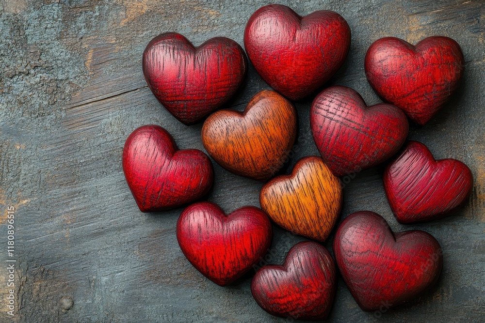 Fototapeta premium Red wooden hearts arranged on a rustic surface, symbolizing love and connection during a creative art project