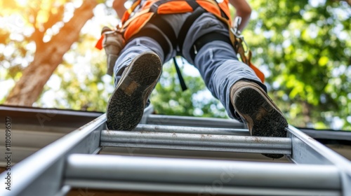 Safe Climbing with Harness on Modern Ladder photo