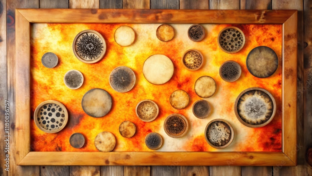 A framed collection of decorative circular discs with varied textures and patterns on a vibrant orange backdrop A framed collection of decorative circular discs with varied textures and patterns on a vibrant orange backdrop