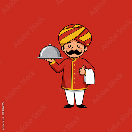 A cheerful cartoon depiction of an Indian waiter in traditional attire, presenting a dish under a silver cover and giving a thumbs up.