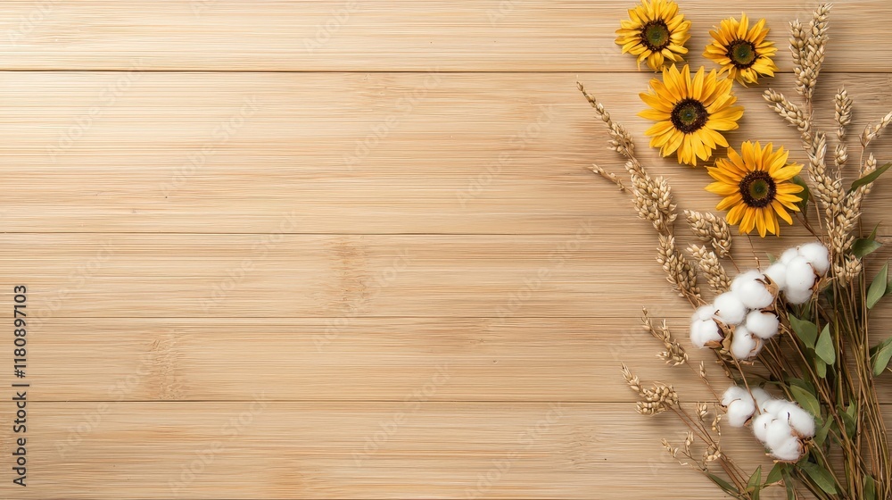Obraz premium A wooden background with a bunch of yellow flowers and cotton balls