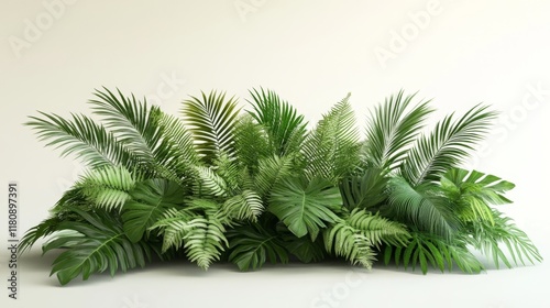 Lush Greenery Eco Display: 3D Illustration of Overlapping Palm Leaves and Ferns for Presentations