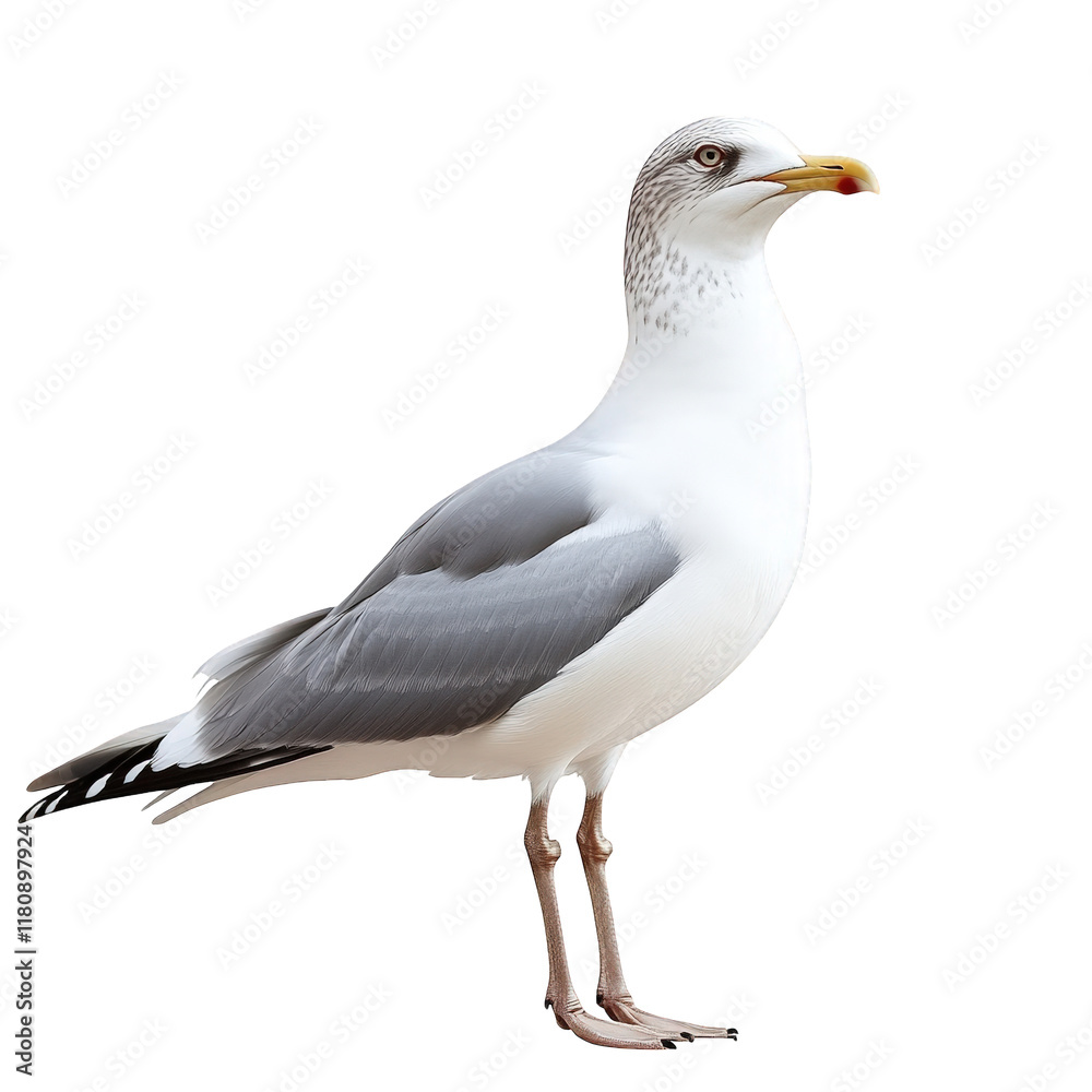 a seagull stands upright against a plain white background. showcasing its distinct features. including a white body. gray wings. and a yellow beak bird in a natural pose. emphasizing its elegance and a seagull stands upright against a plain white background. showcasing its distinct features. including a white body. gray wings. and a yellow beak bird in a natural pose. emphasizing its elegance and