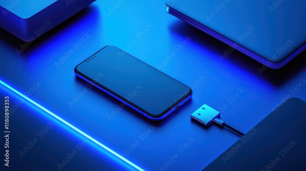 Blue-lit phone charging near laptop, desktop, website design Blue-lit phone charging near laptop, desktop, website design