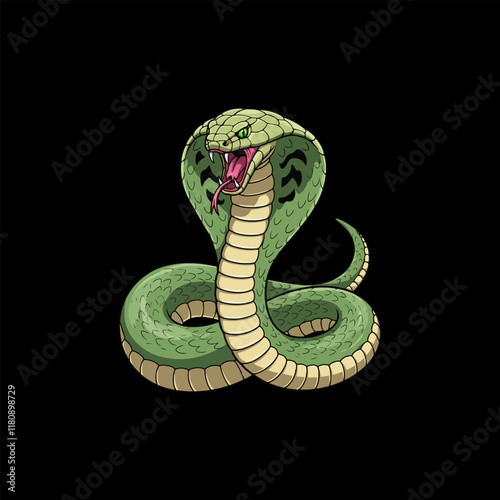 The image showcases a stylized illustration of a green cobra snake with its hood expanded in a defensive posture.