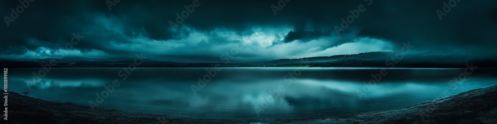 Dark teal lake reflecting dramatic stormy cloudscape at dusk. Dark teal lake reflecting dramatic stormy cloudscape at dusk.
