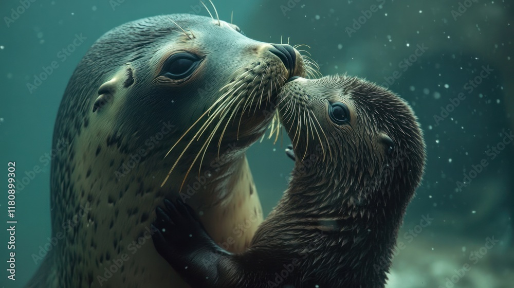 Fototapeta premium A tender moment between a seal and its pup underwater.
