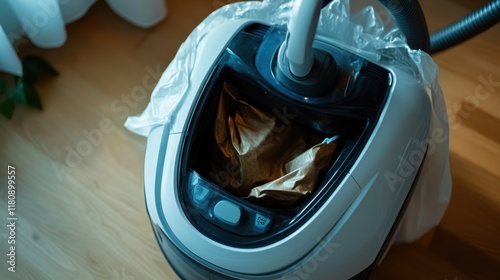 A vacuum cleaner with a bag inside, partially covered by a plastic wrapper. photo