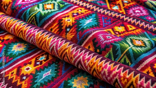 Vibrant textile with rich, embroidered patterns and colorful floral designs