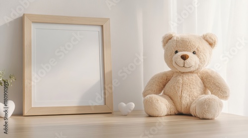 A wooden frame with a white background and a teddy bear sitting in front of it