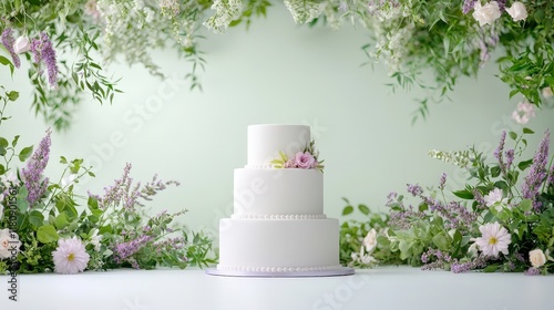 A white three tier wedding cake with flowers on top photo