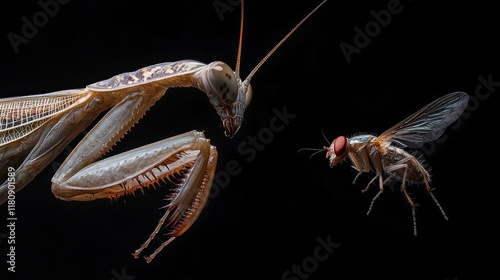 Close-up of praying mantis about to catch a fly against black background.