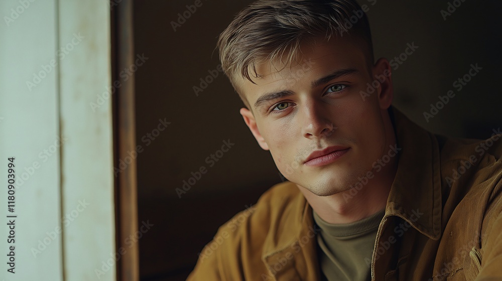 Obraz premium Reflective portrait of a young man indoor setting emotional capture natural light