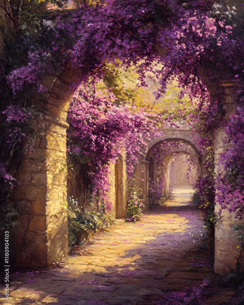 Obraz premium Serene Pathway Surrounded by Lush Bougainvillea in a Sunlit Garden Setting